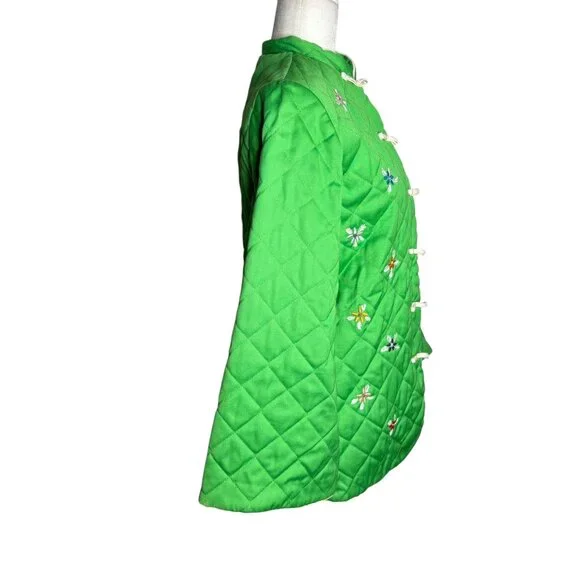 Vintage 70s Alfred Shaheen Quilted Asian Coat Small Green Frog Button Bell Sleev - Picture 5 of 6